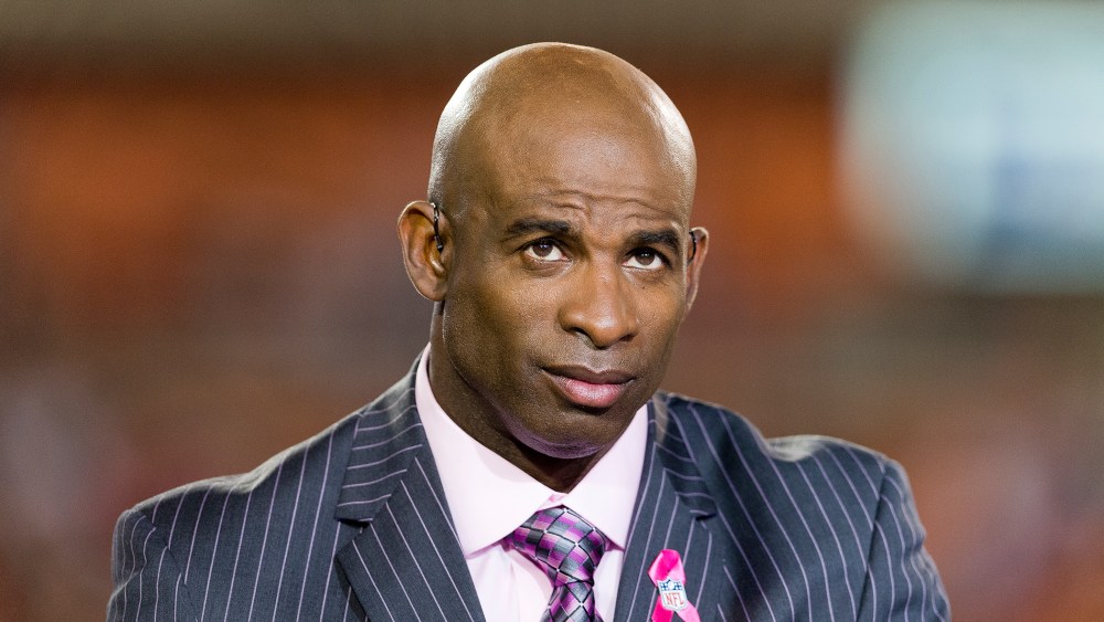 Former NFL great Deion Sanders does an interview on the set of NFL Network in Cleveland, October 3, 2013.