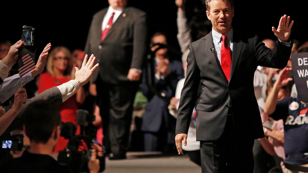 Sen. Rand Paul (R-KY) waves to supporters after taking the stage to announce his candidacy for the Republican presidential nomination during an event at the Galt House Hotel on April 7, 2015 in Louisville, Ky. (Photo by Luke Sharrett/Getty)