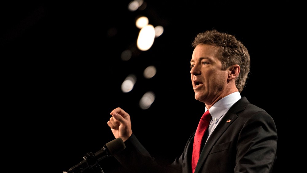 Senator Rand Paul (R-Ky.) speaks during a rally to formally announce his presidential campaign at the Galt House hotel in Louisville, Ky., on April 7, 2015. (Photo by Daniel Acker/Bloomberg/Getty)
