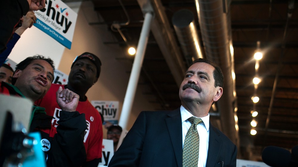 Cook County Commissioner and candidate for mayor of Chicago Jesus 'Chuy' Garcia looks at supporters during a news conference at his campaign office on April 7, 2015 in Chicago, Ill. (Photo by Jonathan Gibby/Getty)