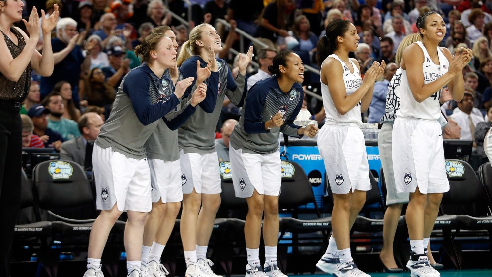 The Connecticut Huskies bench reacts against the Notre Dame Fighting Irish during the NCAA Women's Final Four National Championship at Amalie Arena on April 7, 2015 in Tampa, Fla. (Photo by Brian Blanco/Getty)