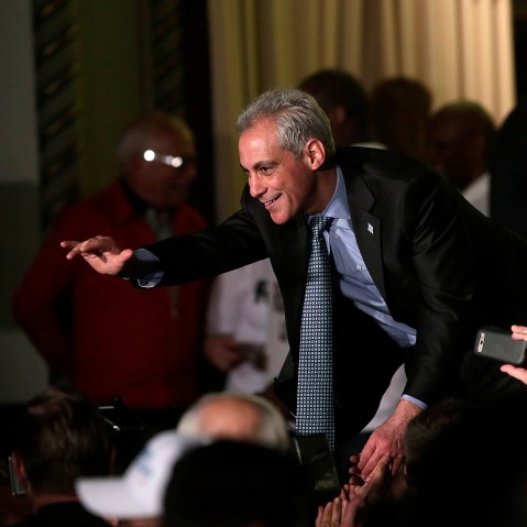 Rahm Emanuel greets supporters as he celebrates his election victory after being re-elected Mayor of Chicago April 7, 2015 in Chicago, Ill. (Photo by Joshua Lott/Getty)