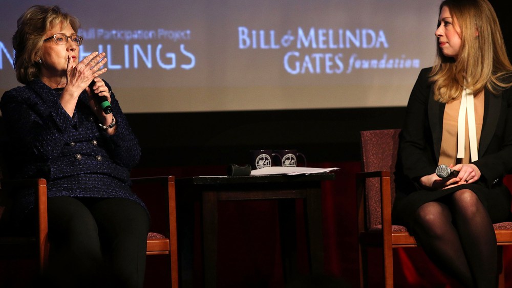 Hillary Clinton speaks at New York University with daughter Chelsea Clinton concerning the use of data to advance the global progress for women and girls on Feb. 13, 2014 in New York City.