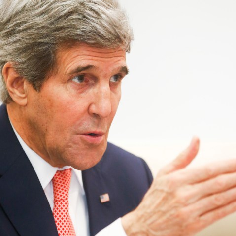 U.S. Secretary of State John Kerry gestures as he speaks in Beijing, Feb. 14, 2014.