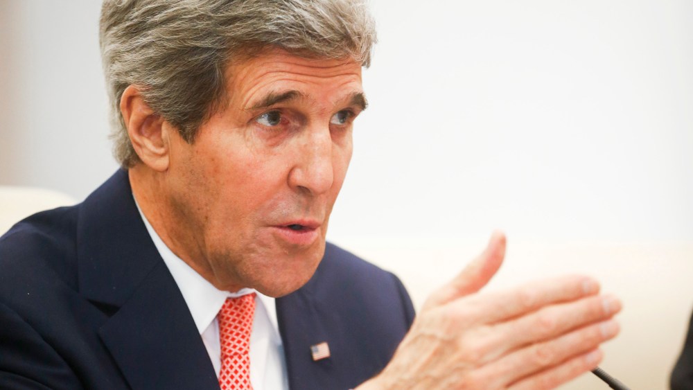U.S. Secretary of State John Kerry gestures as he speaks in Beijing, Feb. 14, 2014.