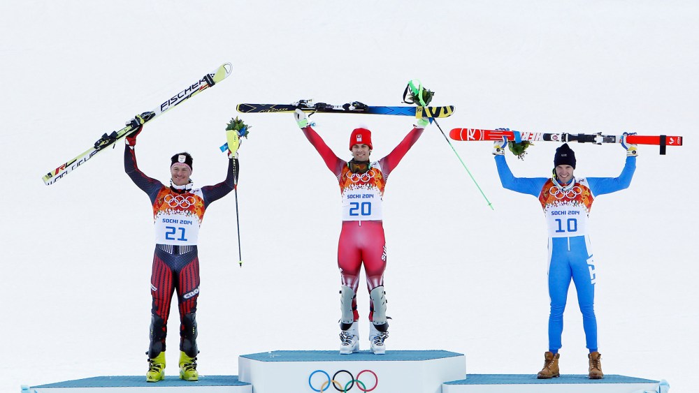Sandro Viletta of Switzerland wins the gold medal during the Alpine Skiing Men's Super Combined. Feb.14, 2014.