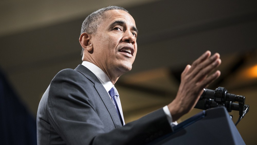 US President Barack Obama speaks on Feb. 14, 2014 in Cambridge, Maryland.