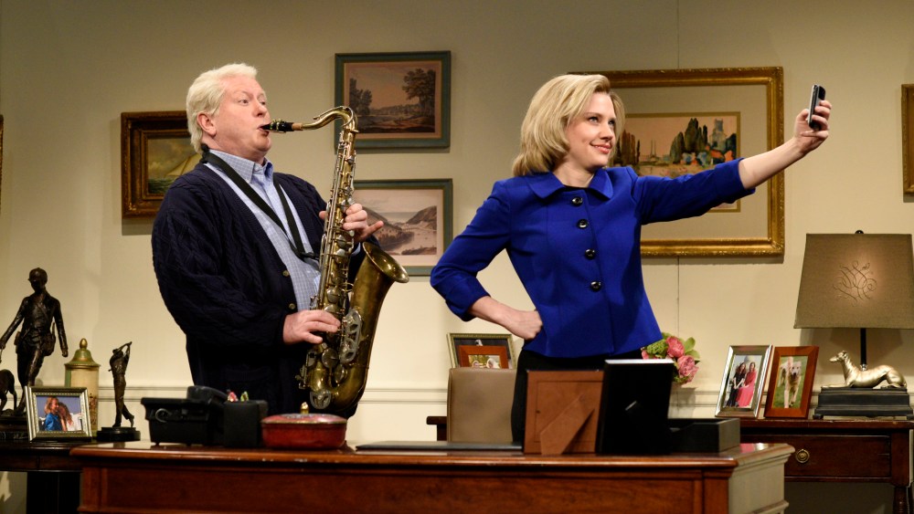Kate McKinnon plays Hillary Clinton and Darrell Hammond plays Bill Clinton for the opening skit of Saturday Night Live, April 11, 2015. (Photo by Dana Edelson/NBC/NBCU Photo Bank/Getty)