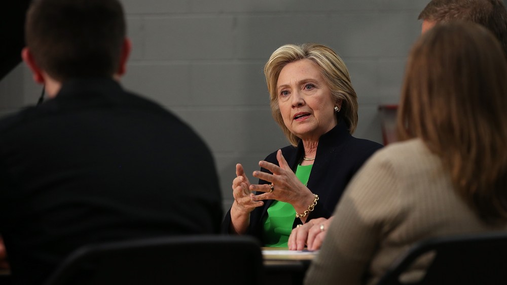Democratic presidential hopeful Hillary Clinton speaks during a roundtable discussion with students and educators at the Kirkwood Community College Jones County Regional Center on April 14, 2015 in Monticello, Ia. (Photo by Justin Sullivan/Getty)
