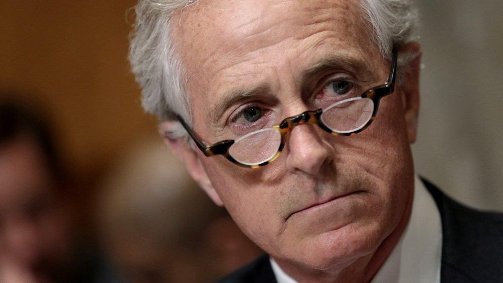 Senate Foreign Relations Committee Chairman Sen. Bob Corker (R-TN) makes opening remarks during a committee markup meeting on the proposed nuclear agreement with Iran on April 14, 2015 in Washington, DC.