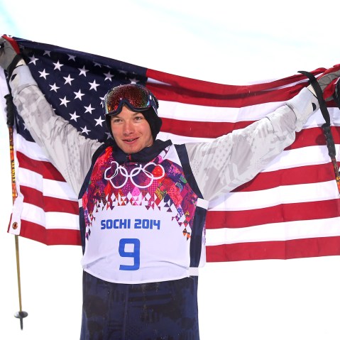 Gold medalist David Wise of the United States celebrates after the Freestyle Skiing Men's Ski Halfpipe Finals on day eleven of the 2014 Sochi Olympics.