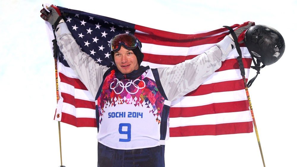 Gold medalist David Wise of the United States celebrates after the Freestyle Skiing Men's Ski Halfpipe Finals on day eleven of the 2014 Sochi Olympics.