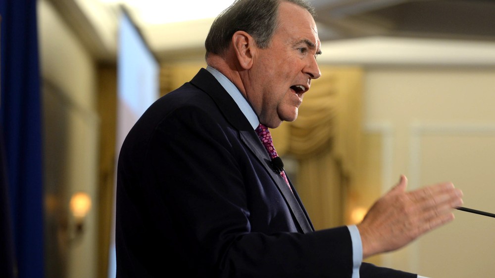 Former Arkansas Gov. Mike Huckabee speaks at the First in the Nation Republican Leadership Summit on April 18, 2015 in Nashua, N.H (Photo by Darren McCollester/Getty)