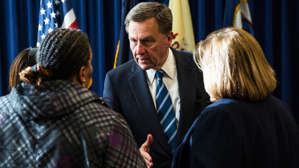 David Samson, chairman of the Port Authority of New York and New Jersey, speaks to workers from Newark International Airport on Feb. 19, 2014 in New York City.