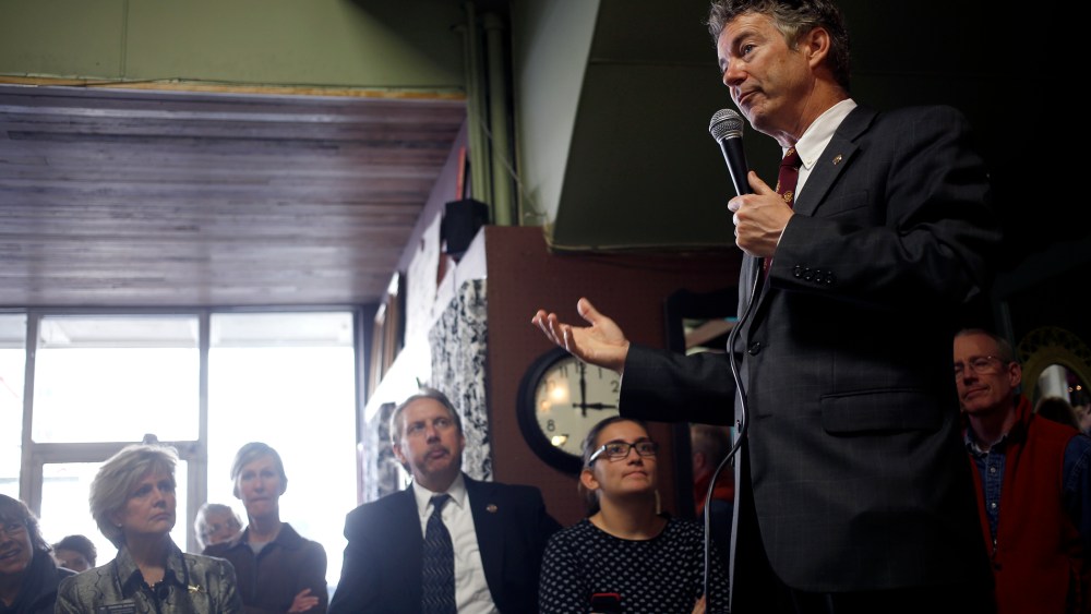 Senator Rand Paul (R-KY) delivers remarks to constituents during a meet and greet event at the Harvest Coffee and Cafe coffee shop on Feb. 19, 2014 in Shelbyville, Kentucky.