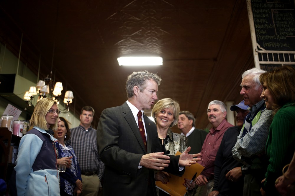 Senator Rand Paul (R-KY) greets constituents during an event at the Harvest Coffee and Cafe coffee shop on Feb. 19, 2014 in Shelbyville, Ky.