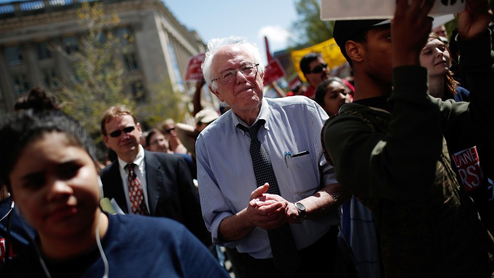 U.S. Sen. Bernie Sanders (I-VT) participates in a "Don't Trade Our Future" march organized by the group Campaign for America's Future on April 20, 2015 in Washington, DC.
