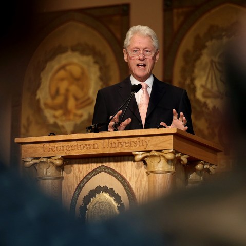 Former U.S. President Bill Clinton speaks at Georgetown University on April 21, 2015 in Washington, DC.