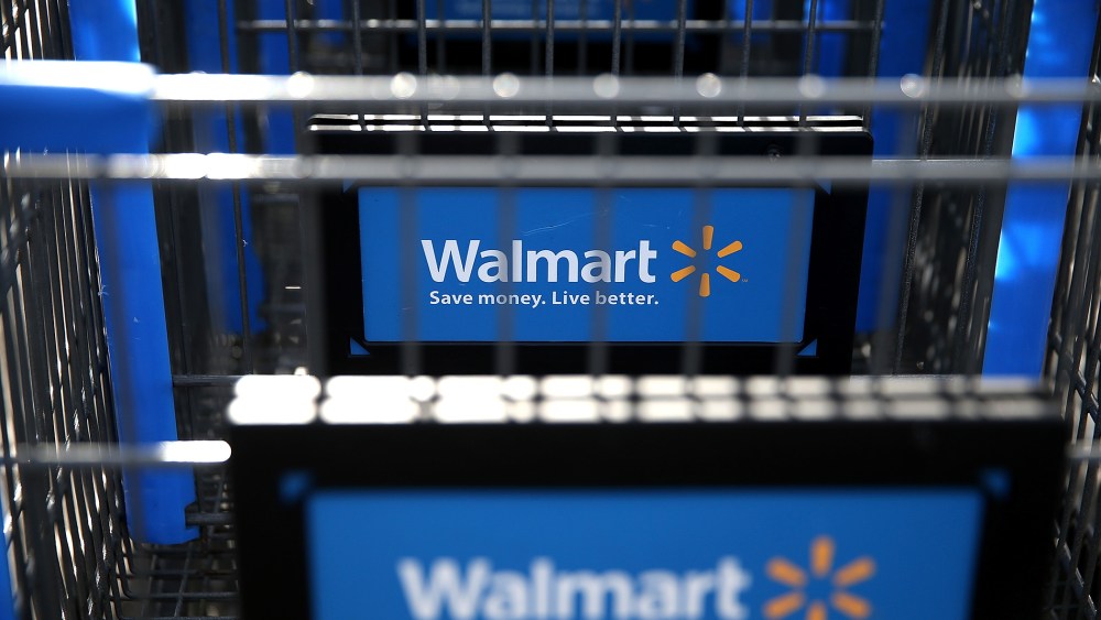 Wal-Mart shopping carts sit outside of a store on Feb. 20, 2014 in San Lorenzo, California.