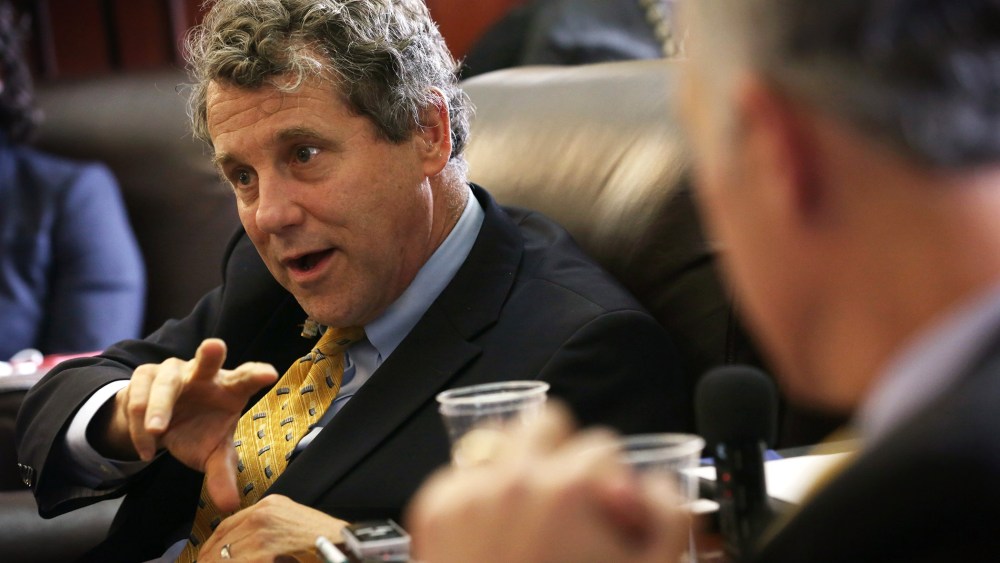 U.S. Sen. Sherrod Brown (D-OH) speaks to members of the media April 23, 2015 on Capitol Hill in Washington, DC.
