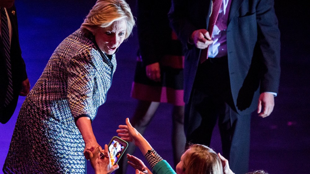 Democratic presidential hopeful and former Secretary of State Hillary Clinton shakes hands with supporters after addressing the Women in the World Conference on April 23, 2015 in New York City.
