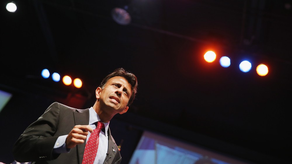 Louisiana Governor Bobby Jindal speaks to guests gathered at the Point of Grace Church for the Iowa Faith and Freedom Coalition 2015 Spring Kickoff on April 25, 2015 in Waukee, Iowa. (Photo by Scott Olson/Getty)