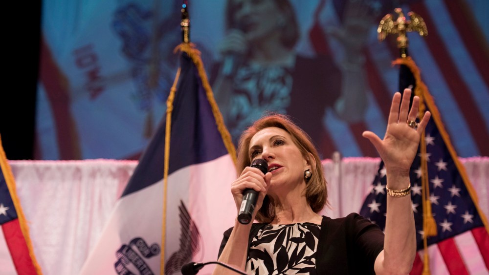 Carly Fiorina, former chairman of Hewlett-Packard Co., speaks during the Iowa Faith & Freedom Coalition presidential forum at Point of Grace Church in Waukee, Ia., April 25, 2015. (Photo by Daniel Acker/Bloomberg/Getty)