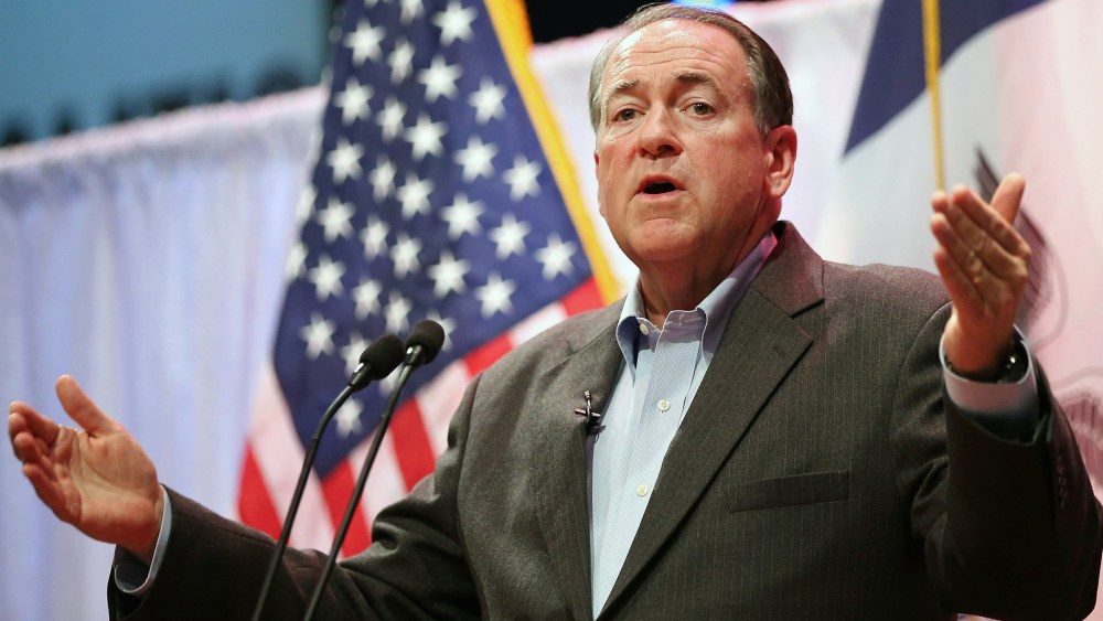 Former Arkansas Governor Mike Huckabee speaks to guests gathered at the Point of Grace Church for the Iowa Faith and Freedom Coalition 2015 Spring Kickoff on April 25, 2015 in Waukee, Iowa. (Photo by Scott Olson/Getty)
