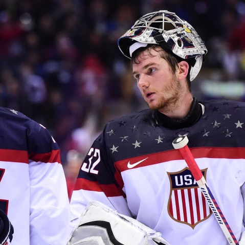 US goalkeeper Jonathan Quick reacts at the end of the Men's Ice Hockey Semifinals USA vs Canada at the Bolshoy Ice Dome during the Sochi Winter Olympics, Feb. 21, 2014.