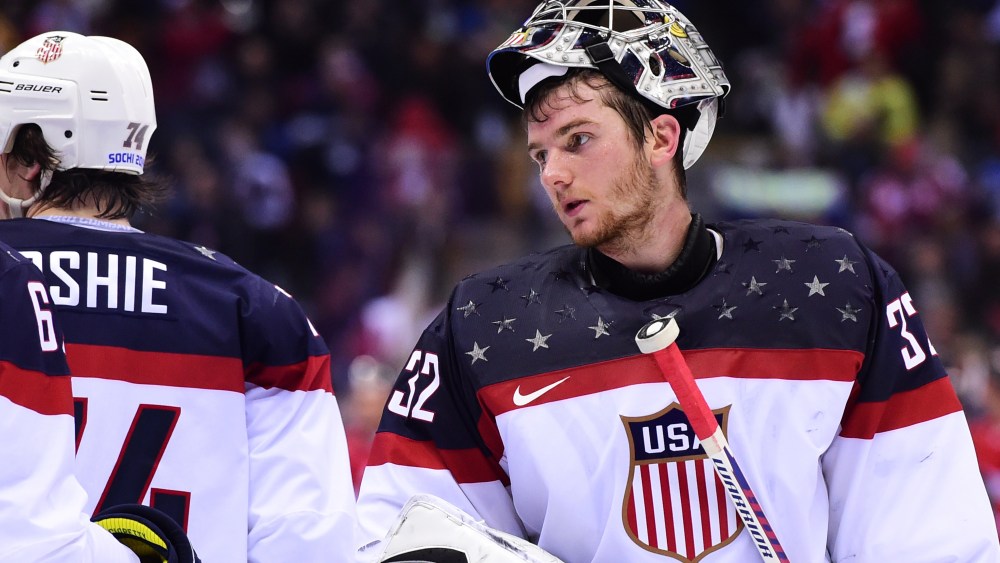 US goalkeeper Jonathan Quick reacts at the end of the Men's Ice Hockey Semifinals USA vs Canada at the Bolshoy Ice Dome during the Sochi Winter Olympics, Feb. 21, 2014.