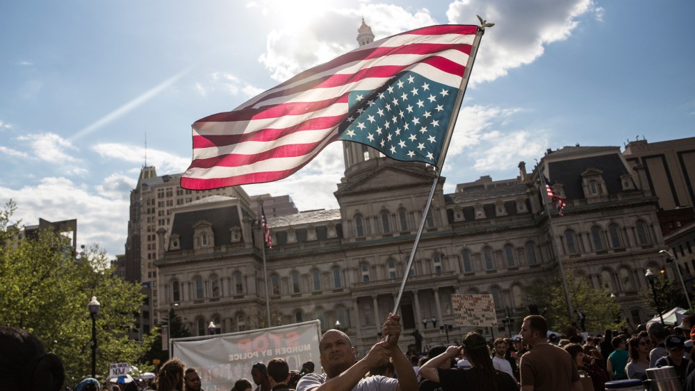 Protesters march from City hall to the Sandtown neighborhood May 2, 2015 in Baltimore, Md. (Photo by Andrew Burton/Getty)