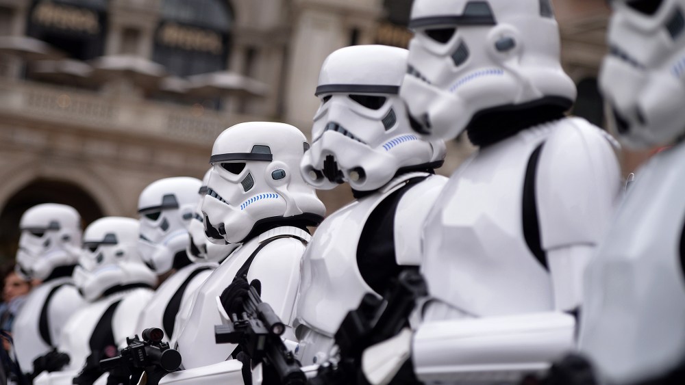 Cosplayers dressed as "Star Wars" stormtroopers stand in front of Milan's Duomo on May 3, 2015 as part of Star Wars Day. (Photo by Filippo Monteforte/AFP/Getty)
