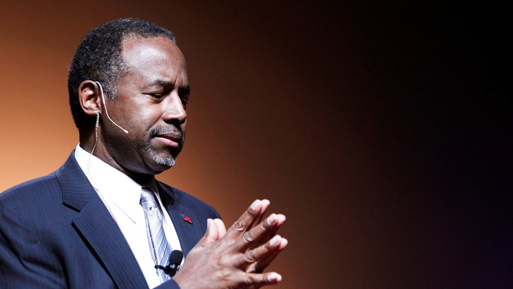 Republican Dr. Ben Carson, a retired pediatric neurosurgeon, speaks as he officially announces his candidacy for President of the United States at the Music Hall Center for the Performing Arts May 4, 2015 in Detroit, Mich. (Photo by Bill Pugliano/Getty)