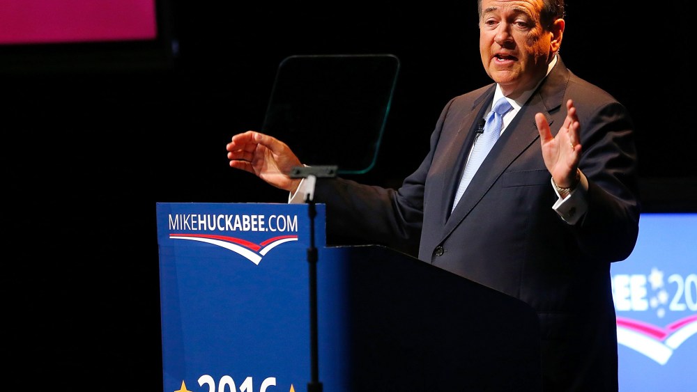 Former Arkansas Gov. Mike Huckabee speaks as he officially announces his candidacy for the 2016 Presidential race on May 5, 2015 in Hope, Ark. (Photo by Matt Sullivan/AP)