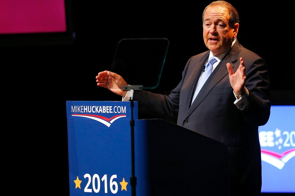 Former Arkansas Gov. Mike Huckabee speaks as he officially announces his candidacy for the 2016 Presidential race on May 5, 2015 in Hope, Ark. (Photo by Matt Sullivan/AP)