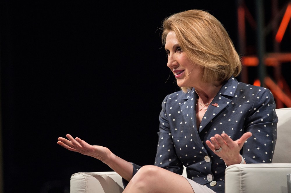 Republican presidential hopeful Carly Fiorina speaks at TechCrunch's Disrupt conference on May 5, 2015 in New York, N.Y. (Photo by Andrew Burton/Getty)