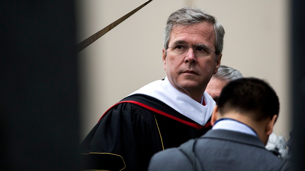 Republican U.S. presidential hopeful Jeb Bush waits to take the stage prior to delivering the commencement address at Liberty University, at Williams Stadium, May 9, 2015 in Lynchburg, Va. (Photo by Drew Angerer/Getty)