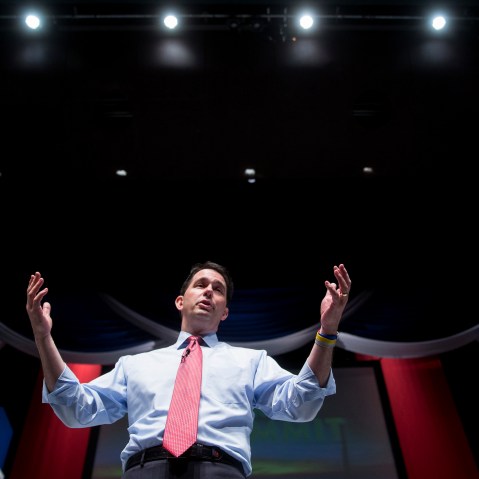 Scott Walker speaks during the South Carolina Freedom Summit in Greenville, South Carolina on May 9, 2015. (Photo by Andrew Harrer/Bloomberg via Getty)