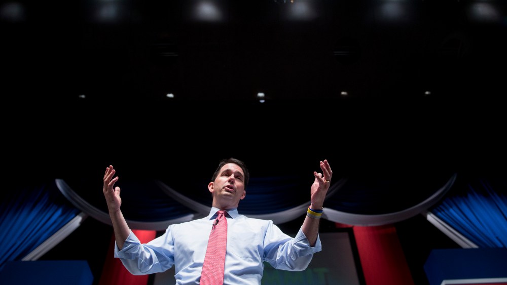 Scott Walker speaks during the South Carolina Freedom Summit in Greenville, South Carolina on May 9, 2015. (Photo by Andrew Harrer/Bloomberg via Getty)
