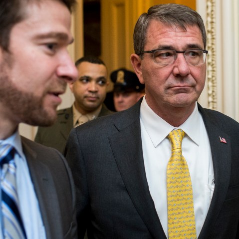 Defense Secretary Ashton Carter arrives for the Senate Republicans' policy luncheon on May 12, 2015. (Photo by Bill Clark/CQ Roll Call/Getty)