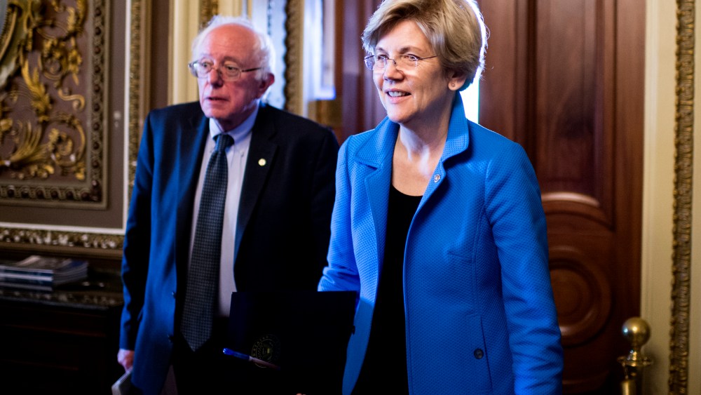 Sen. Bernie Sanders, I-Vt., and Sen. Elizabeth Warren, D-Mass., leave the Senate Democrats' policy luncheon on, May 12, 2015. (Photo By Bill Clark/CQ Roll Call/Getty)