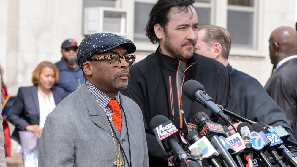 Spike Lee and John Cusack attend a press conference to discuss the upcoming film 'Chiraq' at St. Sabina Church on May 14, 2015 in Chicago, Ill. (Photo by Daniel Boczarski/Getty)