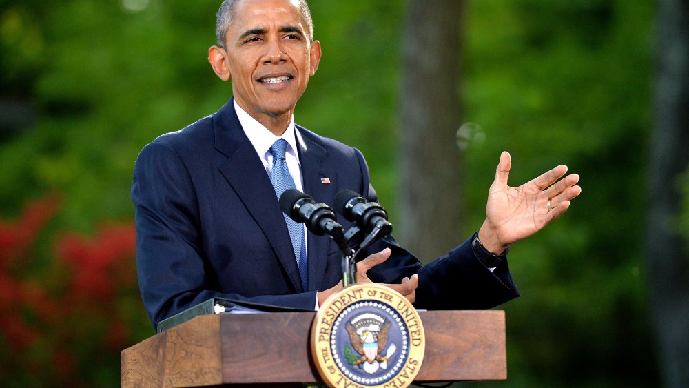 U.S. President Barack Obama speaks to reporters following the Gulf Cooperation Council-U.S. summit on May 14, 2015 at Camp David, Md. (Photo by Kevin Dietsch/Pool/Getty)
