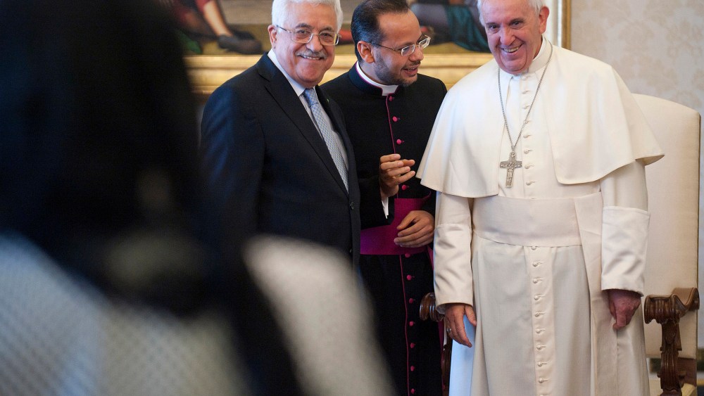 Pope Francis meets Palestinian President Mahmoud Abbas during an audience at the Apostolic Palace on May 16, 2015 in Vatican City, Vatican. (Photo by Vatican Pool/Getty)