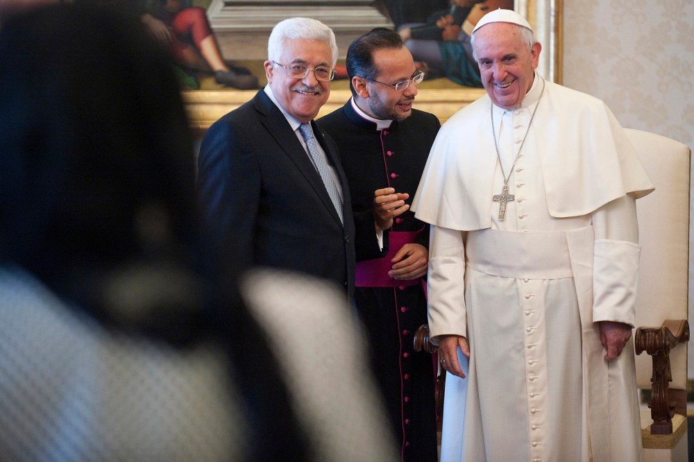 Pope Francis meets Palestinian President Mahmoud Abbas during an audience at the Apostolic Palace on May 16, 2015 in Vatican City, Vatican. (Photo by Vatican Pool/Getty)