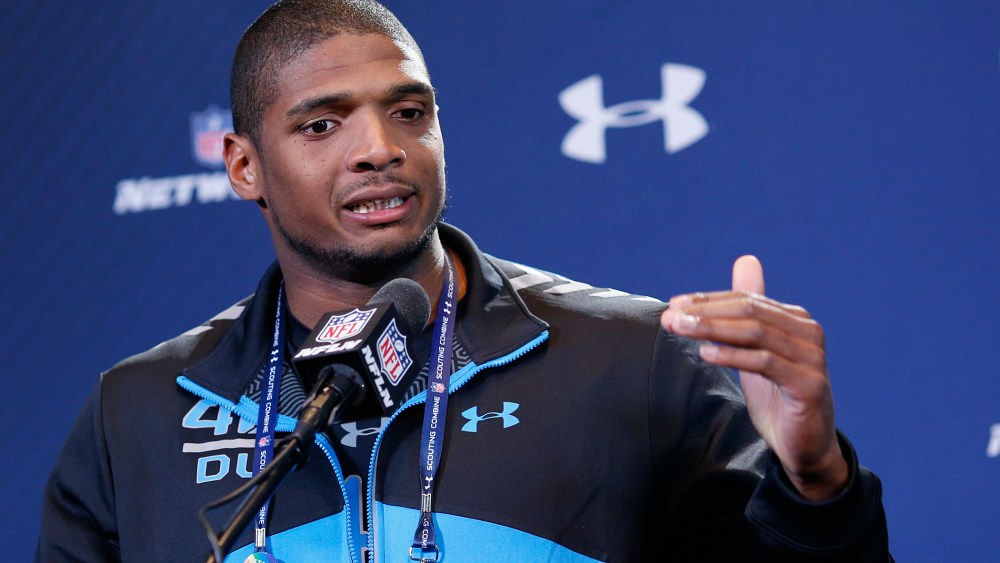 Michael Sam speaks to the media during the 2014 NFL Combine in Indianapolis, Indiana, Feb. 22, 2014.