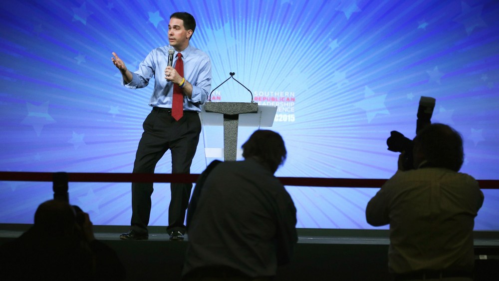 Republican presidential hopeful Wisconsin Governor Scott Walker speaks during the 2015 Southern Republican Leadership Conference on May 21, 2015 in Oklahoma City, Okla. (Photo by Alex Wong/Getty)