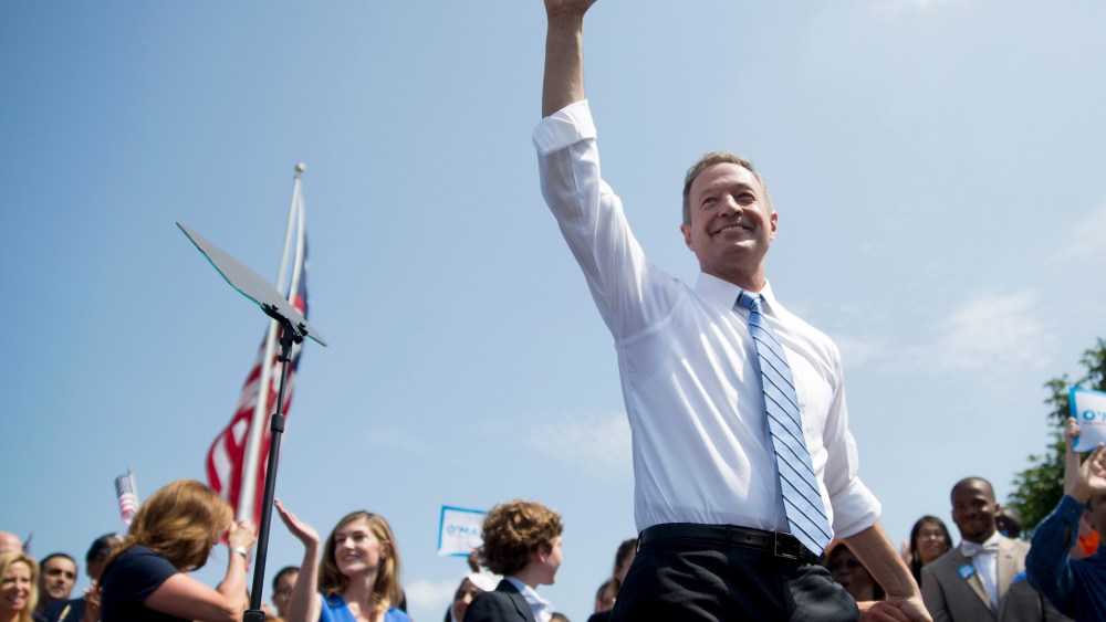 Martin O'Malley, former governor of Maryland, waves to the crowd after announcing he will seek the Democratic presidential nomination in Baltimore, Md. on May 30, 2015. (Photo by Andrew Harrer/Bloomberg/Getty)