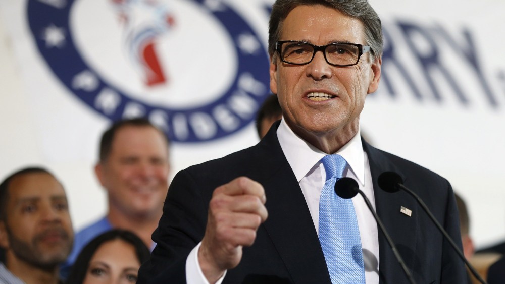 Former Texas Governor Rick Perry speaks to supporters after announcing that he will run for president in 2016 June 4, 2015 in Dallas, Texas. (Photo by Ron Jenkins/Getty)