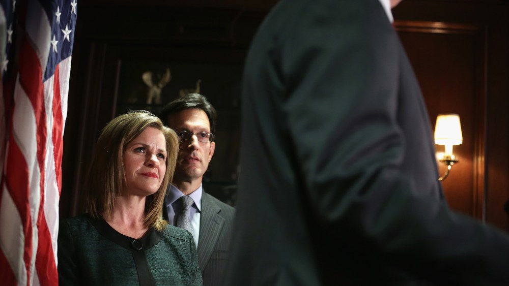 House Republican Conference Vice Chairman Lynn Jenkins (R-KS) and House Majority Leader Rep. Eric Cantor (R-VA) during a briefing March 5, 2014 at the headquarters of the RNC in Washington, D.C.